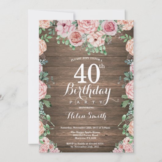 Rustic Floral Pink Peonies 40th Birthday Kaart (Voorkant)