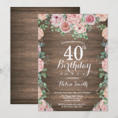 Rustic Floral Pink Peonies 40th Birthday Kaart (Voorkant / Achterkant)