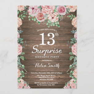 Rustic Floral Pink Peonies Surprise 13th Birthday Kaart