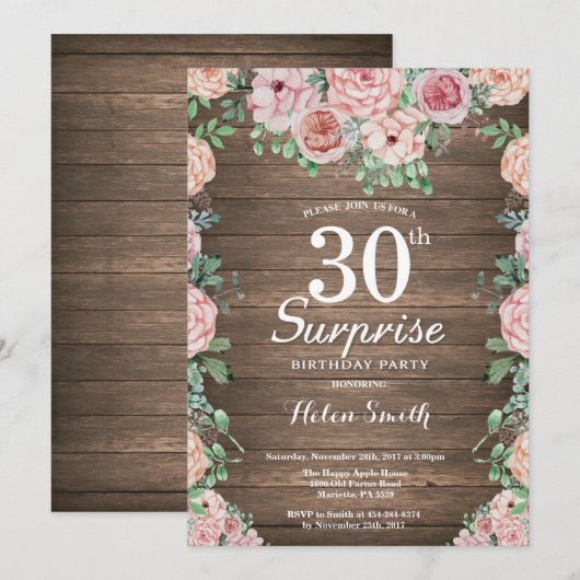 Rustic Floral Pink Peonies Surprise 30th Birthday Kaart (Voorkant / Achterkant)