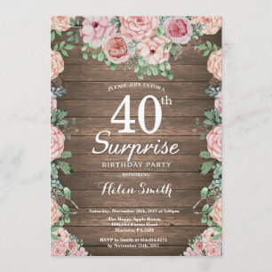 Rustic Floral Pink Peonies Surprise 40th Birthday Kaart