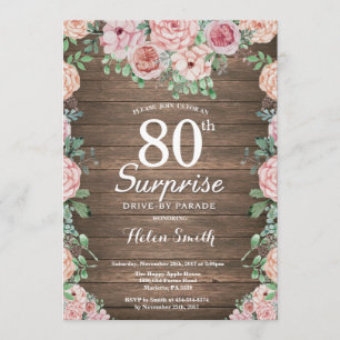 Rustic Floral Pink Surprise 80th Drive-by Parade Kaart