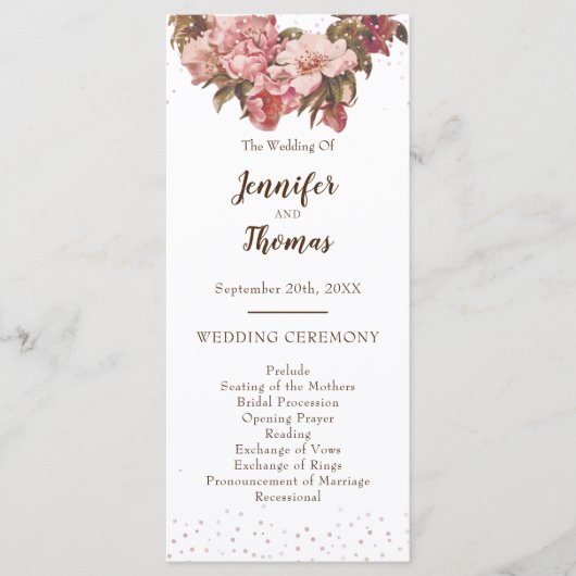 Rustic Floral Pink Wedding Programmakaart (Voorkant)