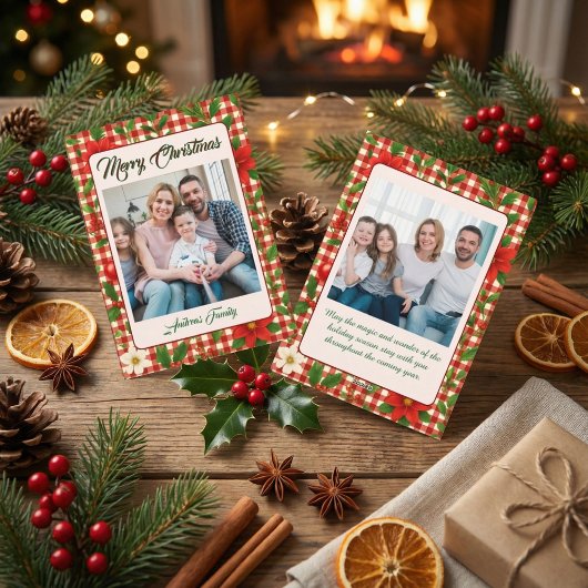 Rustic Floral Plaid 2 Photo Christmas Holiday Card Feestdagenkaart