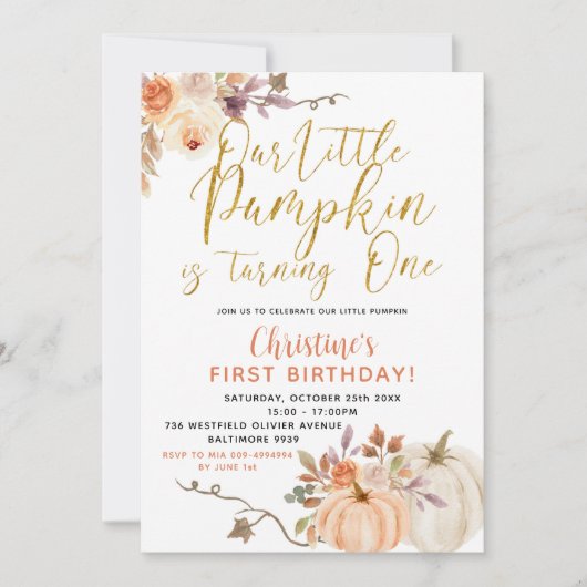 Rustic Floral Pumpkin Birthday Uitnodiging (Voorkant)