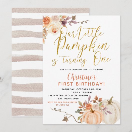 Rustic Floral Pumpkin Birthday Uitnodiging (Voorkant / Achterkant)
