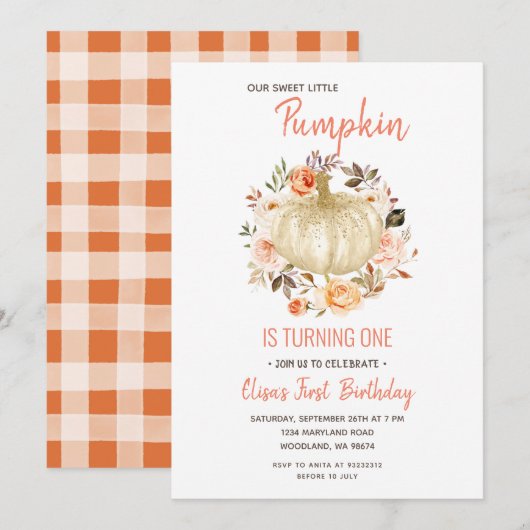 Rustic Floral Pumpkin Birthday Uitnodiging (Voorkant / Achterkant)