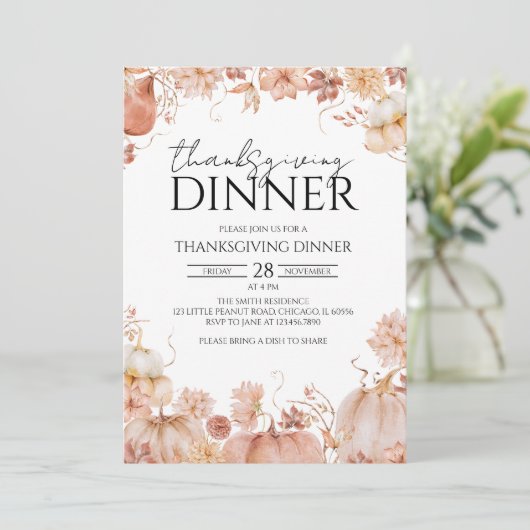 Rustic Floral Pumpkin Thanksgiving Dinner Kaart (Staand voorkant)