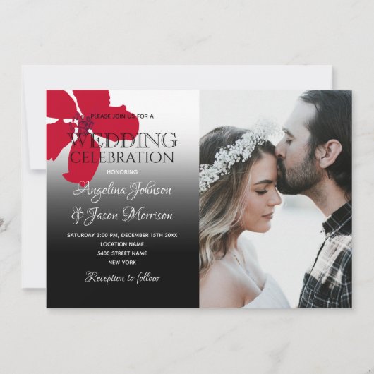 Rustic Floral Red Black and White Wedding Photo Kaart (Voorkant)