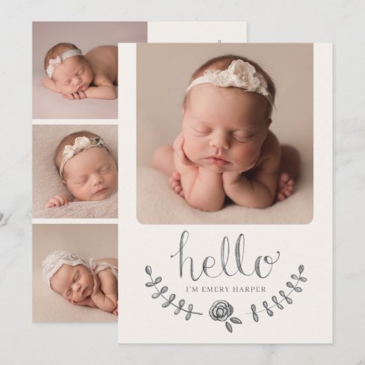 Rustic Floral Roos Simple Collage Baby Announceme Aankondiging (Voorkant / Achterkant)