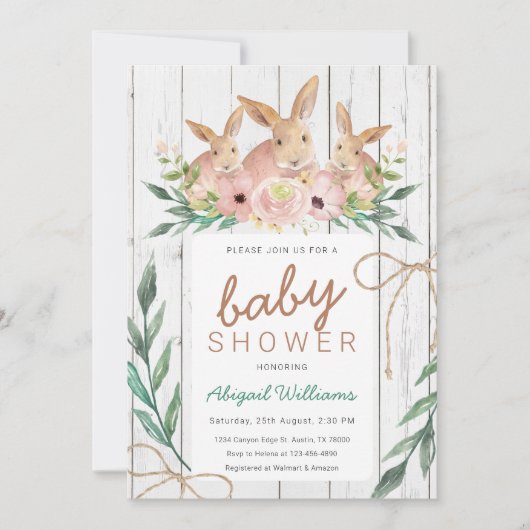 Rustic Floral Safari Rabbit Family Baby shower Kaart (Voorkant)