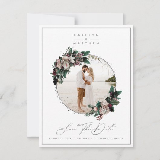 Rustic Floral Silver Framed Photo & Calligraphy Save The Date (Voorkant)