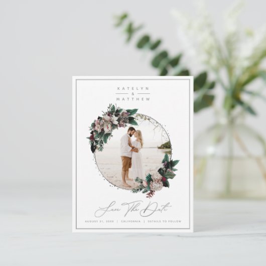 Rustic Floral Silver Framed Photo & Calligraphy Save The Date (Staand voorkant)