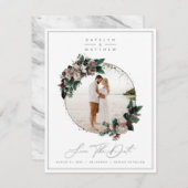 Rustic Floral Silver Framed Photo & Calligraphy Save The Date (Voorkant / Achterkant)