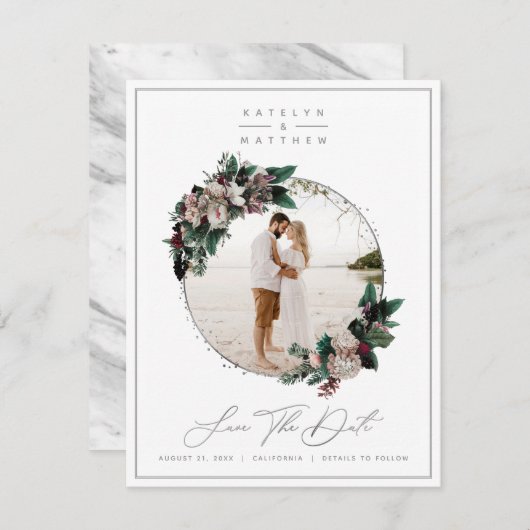 Rustic Floral Silver Framed Photo & Calligraphy Save The Date (Voorkant / Achterkant)