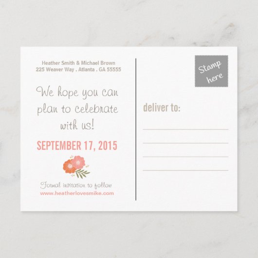 Rustic Floral slaat de datum op Aankondigingskaart (Achterkant)