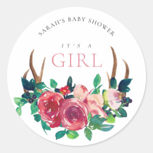 Rustic Floral Stag Antlers Het is een meisje Baby  Ronde Sticker