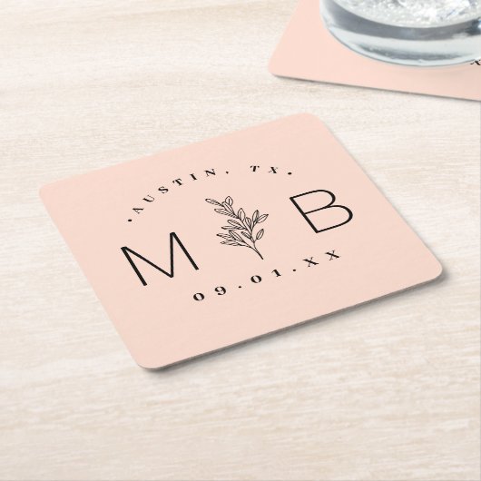 Rustic Floral Stem Wedding Monogram | Blush Kartonnen Onderzetters (Schuin)