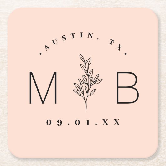 Rustic Floral Stem Wedding Monogram | Blush Kartonnen Onderzetters (Voorkant)