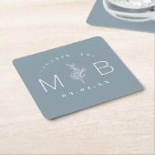 Rustic Floral Stem Wedding Monogram | Dusty Blue Kartonnen Onderzetters (Schuin)