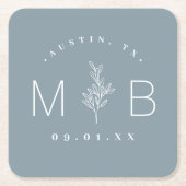 Rustic Floral Stem Wedding Monogram | Dusty Blue Kartonnen Onderzetters (Voorkant)