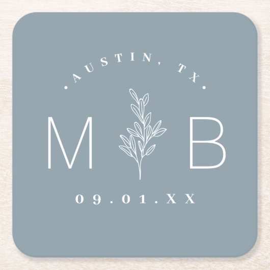 Rustic Floral Stem Wedding Monogram | Dusty Blue Kartonnen Onderzetters (Voorkant)