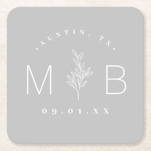 Rustic Floral Stem Wedding Monogram   Grijs Kartonnen Onderzetters