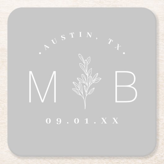 Rustic Floral Stem Wedding Monogram | Grijs Kartonnen Onderzetters (Voorkant)