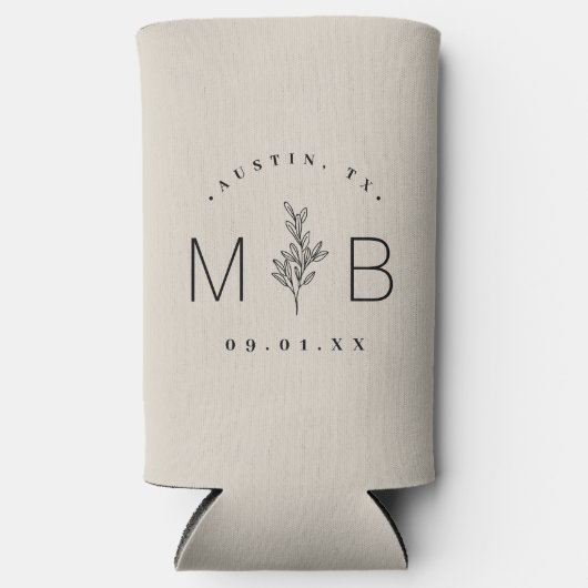 Rustic Floral Stem Wedding Monogram | Licht beige Seltzer Blikjeskoeler (Voorkant)