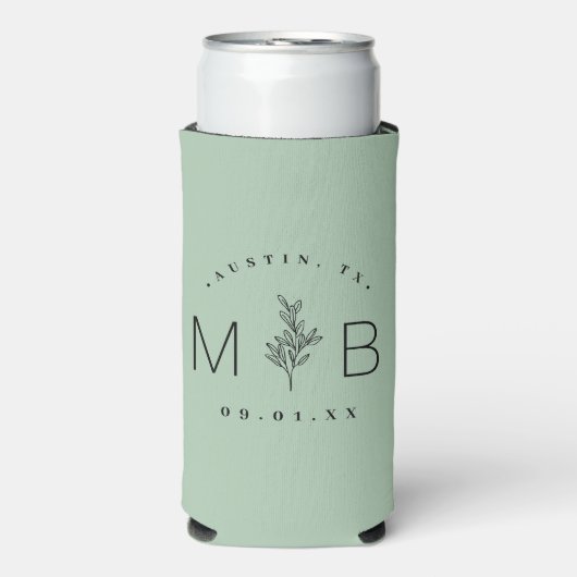 Rustic Floral Stem Wedding Monogram | Sage Seltzer Blikjeskoeler (Seltzer Voorkant)