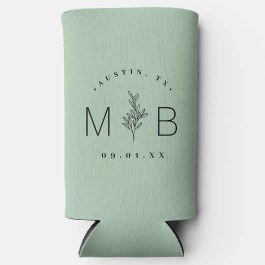 Rustic Floral Stem Wedding Monogram | Sage Seltzer Blikjeskoeler (Voorkant)