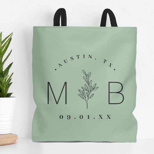 Rustic Floral Stem Wedding Monogram | Sage Tote Bag