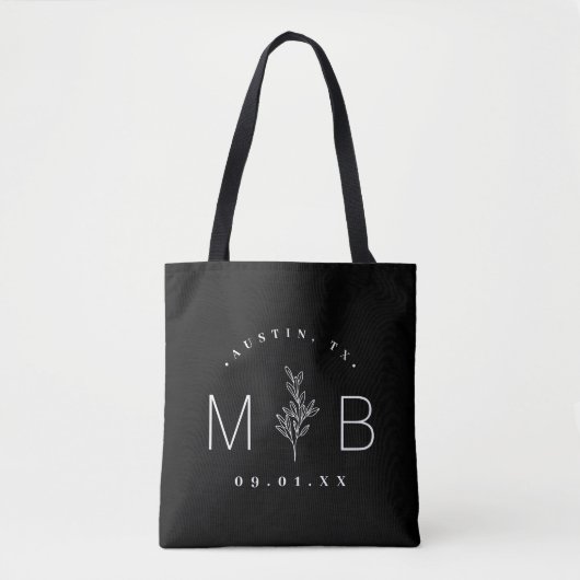 Rustic Floral Stem Wedding Monogram | Zwart Tote Bag (Voorkant)