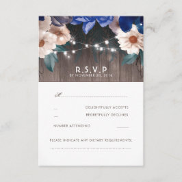 Rustic Floral String Lights Blue Wedding RSVP Kaartje