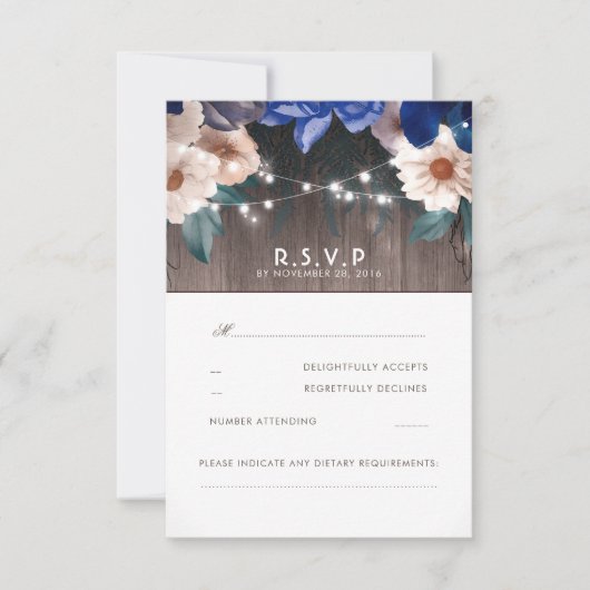 Rustic Floral String Lights Blue Wedding RSVP Kaartje (Voorkant)