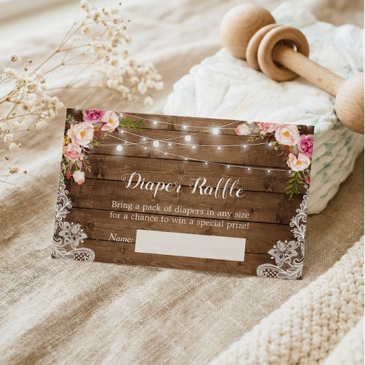 Rustic Floral String Lights Lace Diaper Raffle Visitekaartje