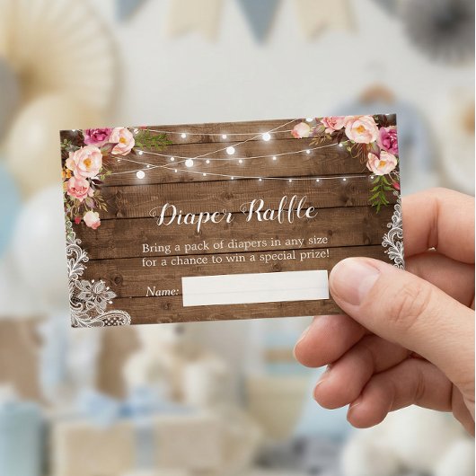 Rustic Floral String Lights Lace Diaper Raffle Visitekaartje