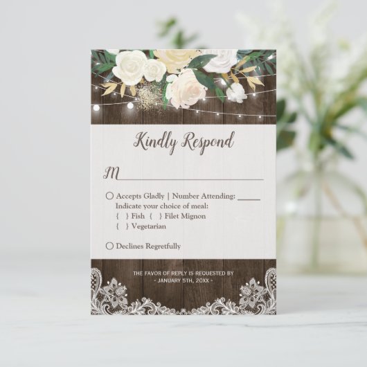 Rustic Floral String Lights Lace Wedding RSVP (Staand voorkant)