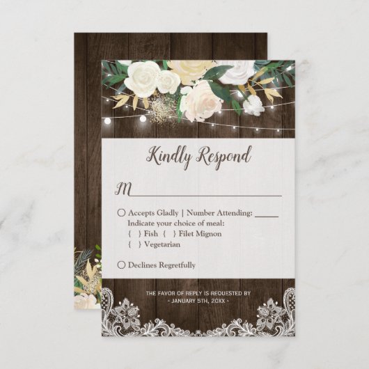 Rustic Floral String Lights Lace Wedding RSVP (Voorkant / Achterkant)