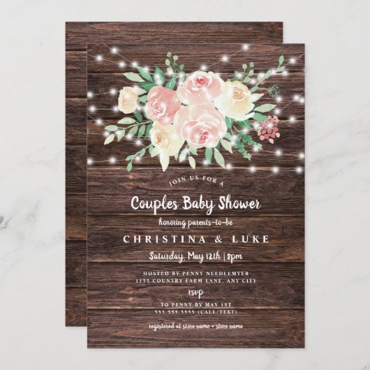 Rustic Floral String Lights meisje baby shower Kaart (Voorkant / Achterkant)