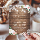 Rustic Floral String Lights Wedding Celebration Kaart