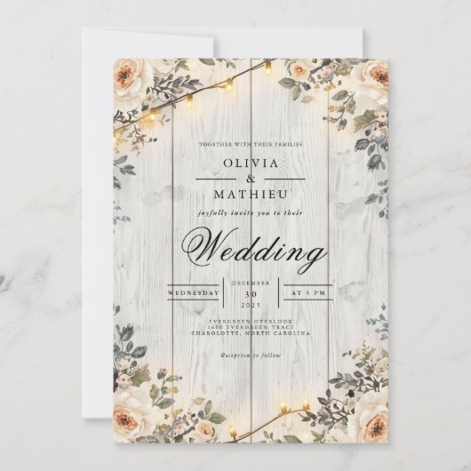 Rustic Floral String Lights Wedding Kaart (Voorkant)
