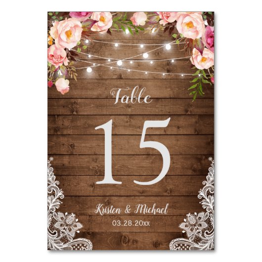 Rustic Floral String Lights Wedding Table Number Kaart (Achterkant)