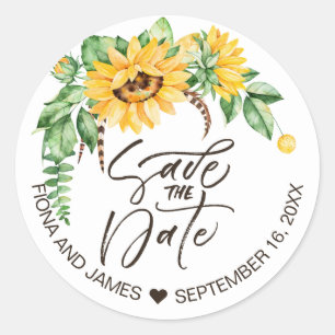 Rustic Floral Sunflower Wedding Save the Date Ronde Sticker