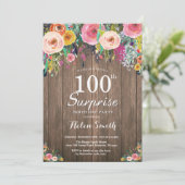 Rustic Floral Surprise 100th Birthday Invitation Kaart (Staand voorkant)