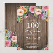 Rustic Floral Surprise 100th Birthday Invitation Kaart (Voorkant / Achterkant)