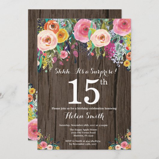 Rustic Floral Surprise 15e verjaardag Uitnodiging (Voorkant / Achterkant)
