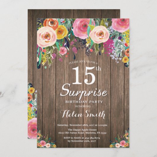Rustic Floral Surprise 15th Birthday Invitation Kaart (Voorkant / Achterkant)