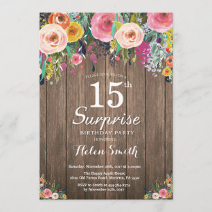 Rustic Floral Surprise 15th Birthday Invitation Kaart