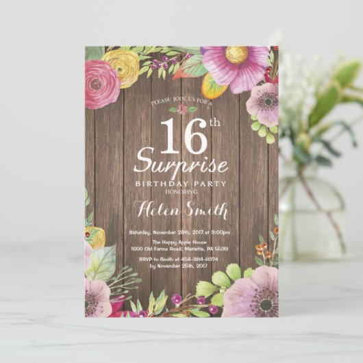 Rustic Floral Surprise 16th Birthday Invitation Kaart (Staand voorkant)